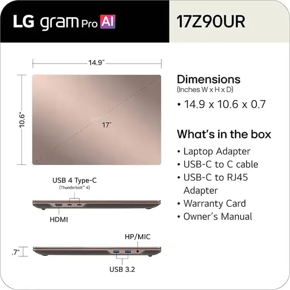 LG - gram Pro Max 17" 144Hz Touch-Screen Gaming Laptop WQXGA Intel Core Ultra 9 Processor 386H, RTX 5050, 32GB RAM - 1TB SSD - Brushed Bronze, 2 image